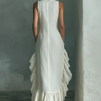Women's Ivory Linen Fabric Sleeveless Maxi Dress With Round Neck & Ruffle Hem MDZ0973B9T