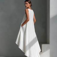 Women's White Linen Fabric Sleeveless Midi Dress With Round Neck & Asymmetric Hem MDZ0987B9T