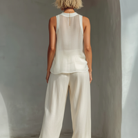 Women's Cream Two-Piece Set With Semi-sheer Chiffon Sleeveless Top & Cotton And Linen Blend Drawstring Wide-Leg Trousers MDZ1039C4T