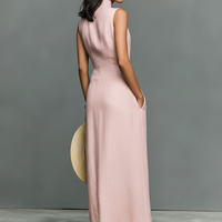 Women's Minimalist Linen-Blend Stand-Collar Single-Breasted Sleeveless Maxi Dress MDZ1049C1Y