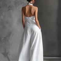Women's Casual White Cotton And Linen Halter-neck Sleeveless Top And Skirt Set MDZ1269A6AN