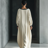 Women's Beige Cotton And Linen Blend Square-Neck Maxi Dress With Black Trim & Oversized Pockets MDZ1507A0T