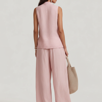 Women's Casual Light Pink Cotton-Linen Sleeveless Crew-Neck Top With Trousers MDZ1601D4LXY