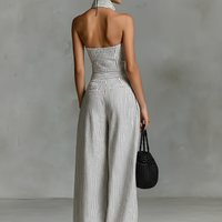 Women's Minimalist Striped Linen Sleeveless Single-Breasted Jumpsuit MDZ1950C7Y