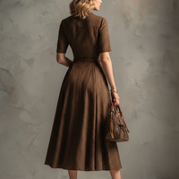 Women's Vintage Brown Cotton-Blend Polka Dot Waisted Shirt Midi Dress MDZ2138D3GMJ