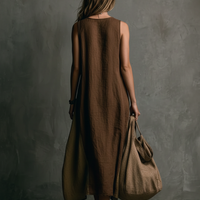 Women's Casual Brown And Khaki Cotton-Linen Patchwork V-Neck Sleeveless Asymmetrical Long Dress MDZ2290D1GMJ