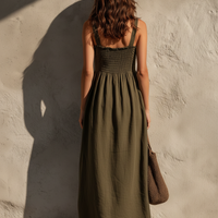 Women's Casual Olive Green Cotton-Linen Maxi Dress — Square Neck, Sleeveless MDZ2308D5LXY