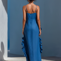 Women’s Blue Linen-Blend Spaghetti Strap Ruffle Trim Maxi Dress With Slit MDZ2407D1T