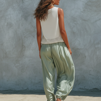 Women's Minimalist Mesh-Knit Tank Top And Faux-Acetate Balloon Pants Set MDZ2710C0Y