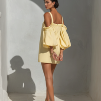Women’s Yellow Cotton-Linen Blend Off-Shoulder Puff Sleeve Top With Square Neckline MDZ2847D1T