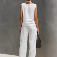 Women's Casual White Cotton-Linen V-Neck Sleeveless Top And Trousers Set (Lined) MDZ2866C9AN