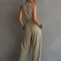 Women's Minimalist Halter-Neck V-Neck Sleeveless Waist-Cinching Jumpsuit MDZ2904D2Y