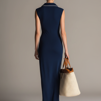 Women's Casual-Sporty Navy Blue Stretch-Knit Sleeveless Maxi Dress With Fold-Down Collar MDZ2937D7LXY