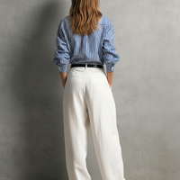 Women's Casual Blue And White Striped Woven Long-Sleeve Shirt And White Cotton-Linen Trousers Set (Belt Not Included) MDZ2960D7LXY