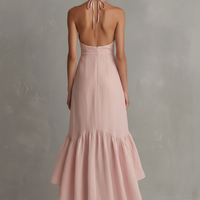 Women's Elegant Pink Cotton-Linen Halter Maxi Dress With Front Cutout And Ruffles MDZ3066C3GMJ