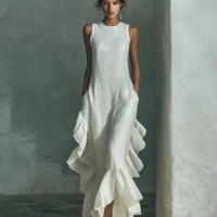 Women's Ivory Linen Fabric Sleeveless Maxi Dress With Round Neck & Ruffle Hem MDZ0973B9T