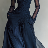 Women's Elegant Dark Blue Chiffon Organza Off-shoulder Long-sleeved Fitted Maxi Dress MDA1711L9AN