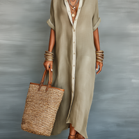 Women's Minimalist Linen Blend Short-sleeved Shirt Maxi Dress MDZ0647A2Y
