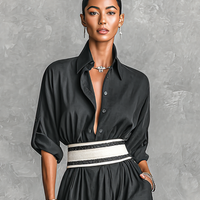 Women's Imitation Cupro Fabric Lapel Single-breasted Long-sleeved Waist Maxi Dress MDA2258G6Y