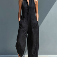 Women's Minimalist Linen Blend Button-up Stand-collar Sleeveless Loose Jumpsuit MDZ2725A5Y