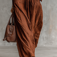 Women's Cotton And Linen Zipper Lapel Elastic Waist Maxi Dress MDA1964H8Y