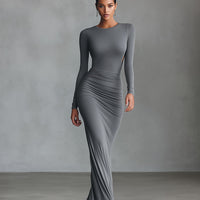 Women's Grey Elegant Stretch - Polyester-Cotton Blend Ruched Open - Back Maxi Dress MDA2860H8I