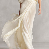 Women's Ivory Sheer Chiffon Dress With Puff Sleeves & Wrap Detail, Timeless Romantic-Luxe Style Dress MDZ0932A1I