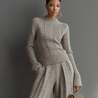 Women's Taupe Elegant Knit Textured Sweater & Wide - Leg Pants Set MDA1453H6I