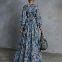 Women's Bohemian Style Blue Floral Print V-Neck Lantern Sleeve Chiffon Maxi Dress MDZ1067B8BA