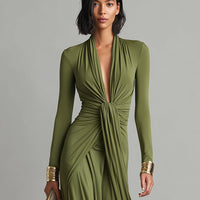 Women's Olive Silky Stretchy Dress With Deep V-Neck & Ruched Detail, Glamorous Maxi Dress MDA0509L8I