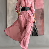 Women's Solid Color Lapel Long Sleeve Single Breasted Belt Maxi Shirt Dress MDA0917G0Y