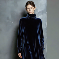 Women's Elegant Navy Blue Velvet High-neck Long-sleeved Loose-fitting Maxi Dress MDZ1680A8AN