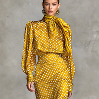 Women's Vintage Satin Polka Dot Print Shirt And Skirt Two-Piece Set (Not including scarf) MDA3073G0Y