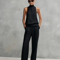 Women's Elegant Black Cotton And Linen Round-neck Sleeveless Top And Trousers Set MDZ1441A4AN