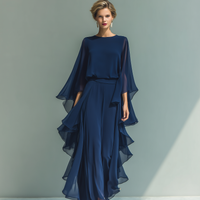 Women's Navy Blue Chiffon Top With Flared Sleeves And Straight-leg Trousers Set With Ruffled Details MDZ2218A5T