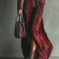 Women's Burgundy Retro Faux Suede Color-Contrast Maxi Dress MDA1321J3T