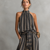 Women's Elegant Striped Printed Woven Round Neck Sleeveless Top Paired With Trousers Set MDZ2706B5AN