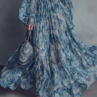 Women's Bohemian Style Blue Floral Print V-Neck Lantern Sleeve Chiffon Maxi Dress MDZ1067B8BA