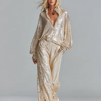 Women's Gold Glamorous Sequin Collared Half - Zip Wide - Leg Loungewear Party Set MDA2425I0I