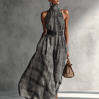 Women's Plaid High Collar Sleeveless Belted Maxi Dress MDA1002G2Y