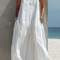 Women's Casual White Vertical Striped Woven Sleeveless Loose Long Dress MDZ0324C9AN