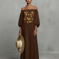Women's Minimalist Off-the-shoulder Three-quarter Sleeve Embroidered Maxi Dress MDZ3063A3Y