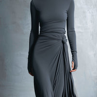 Women's Gray Exquisite Stretch Blended Fabric Wrap Dress - Knotted Maxi Dress MDA1401H9I