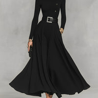 Women's Black Knit Elegant High Neck Button Detail Maxi Dress MDA1183K0I