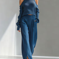 Women's Blue Elegant Ribbed Knit Cold - Shoulder Sweater And Wide - Leg Pants Set MDA1591I8I