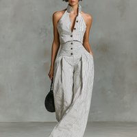 Women's Minimalist Striped Linen Sleeveless Single-Breasted Jumpsuit MDZ1950C7Y