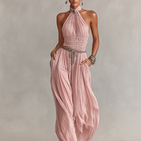 Women's Blush Pleated Jumpsuit With Halter Neck & Ruched Waist, Timeless Romantic-Elegant Style Jumpsuit (without Belt) MDZ1133B7I