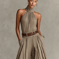 Women's Taupe Cotton-Blend Jumpsuit With Halter Neck & Wide-Leg Silhouette, Timeless Boho-Elegant Style Jumpsuit (Without Belt) MDZ0940C3I