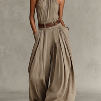 Women's Taupe Cotton-Blend Jumpsuit With Halter Neck & Wide-Leg Silhouette, Timeless Boho-Elegant Style Jumpsuit (Without Belt) MDZ0940C3I
