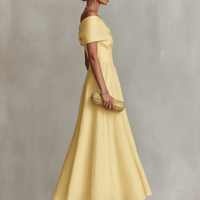 Women's Yellow Linen Dress With One-Shoulder Neckline & Fitted Waist, Timeless Elegant-Chic Style Dress MDZ2630B3I
